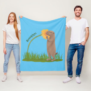 Cute prairie dog sniffing flower cartoon fleece blanket