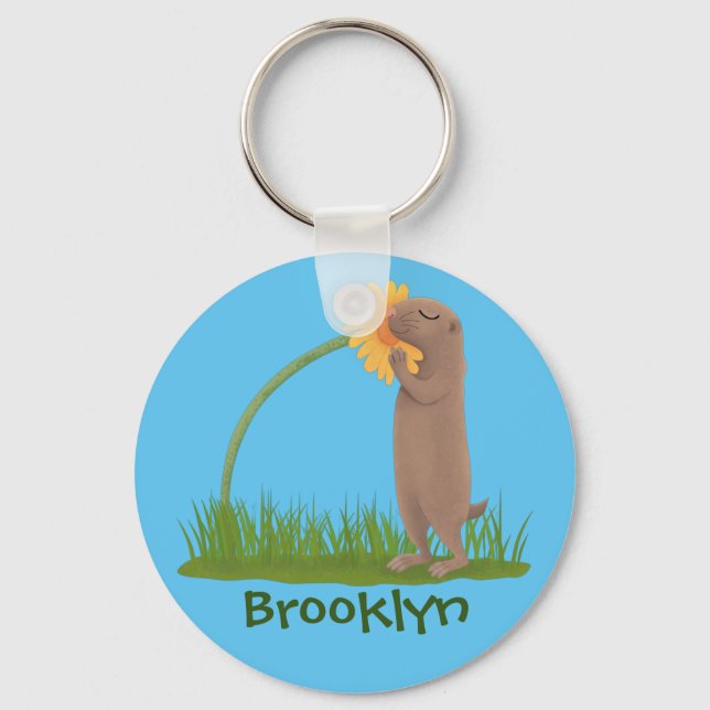 Cute prairie dog sniffing flower cartoon keychain (Front)