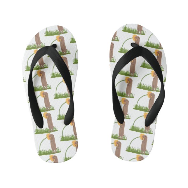 Cute prairie dog sniffing flower cartoon kid's flip flops (Footbed)