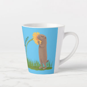 Cute prairie dog sniffing flower cartoon latte mug