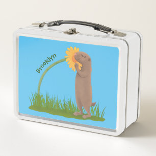 Cute prairie dog sniffing flower cartoon metal lunch box