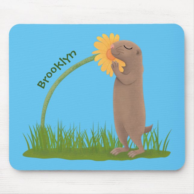 Cute prairie dog sniffing flower cartoon mouse pad (Front)