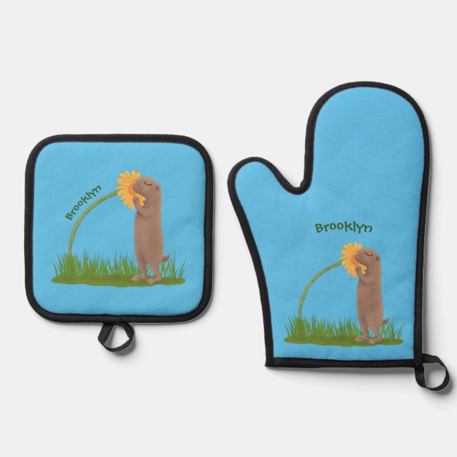 Cute prairie dog sniffing flower cartoon oven mitt & pot holder set (Front)