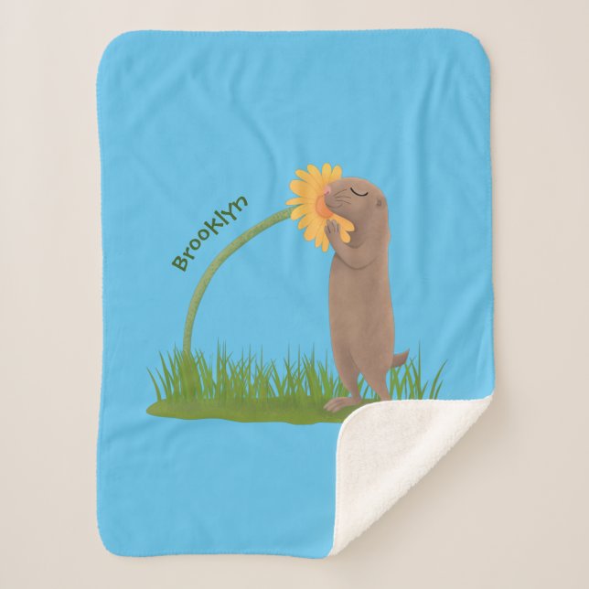 Cute prairie dog sniffing flower cartoon sherpa blanket (Front)