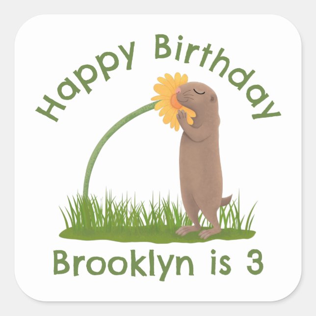 Cute prairie dog sniffing flower cartoon square sticker (Front)