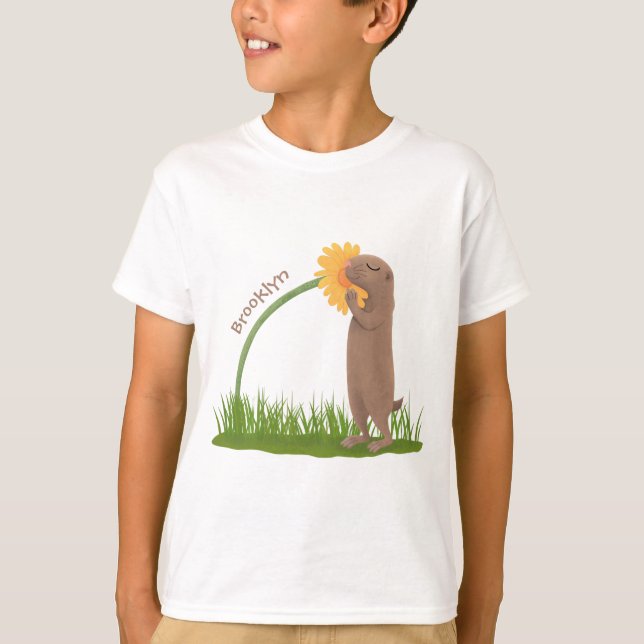Cute prairie dog sniffing flower cartoon T-Shirt (Front)