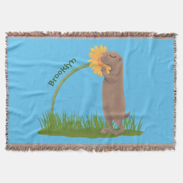Cute prairie dog sniffing flower cartoon throw blanket (Front)