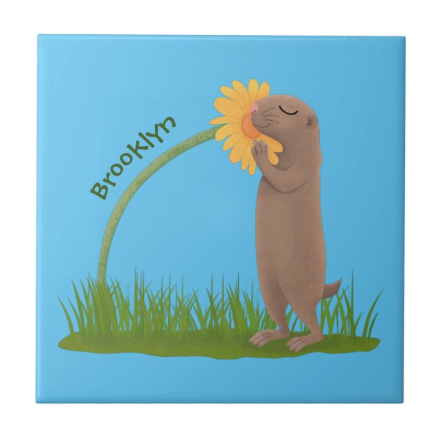 Cute prairie dog sniffing flower cartoon tile (Front)