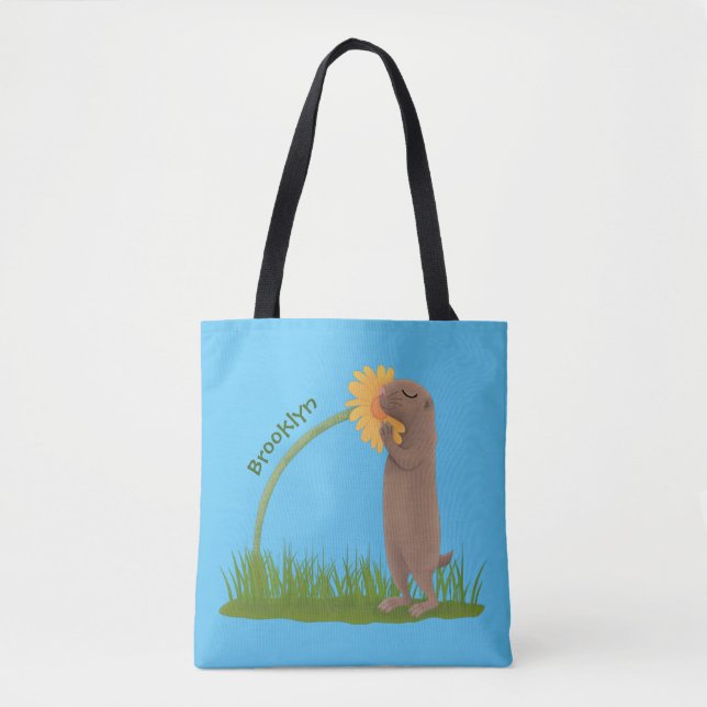 Cute prairie dog sniffing flower cartoon tote bag (Front)