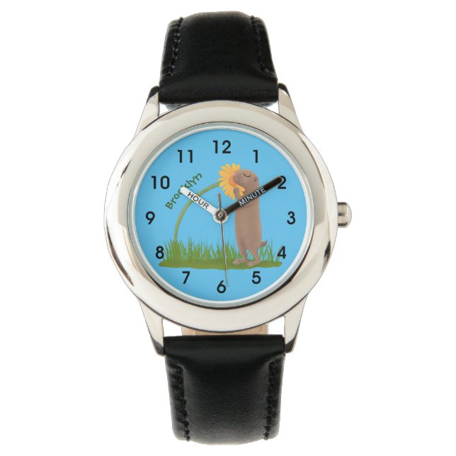 Cute prairie dog sniffing flower cartoon watch (Front)