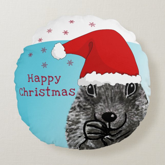 Cute Prairie Dog with Santa Hat Happy Christmas Round Pillow (Front)