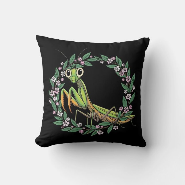 Cute Praying Mantis And Mountain Laurel Blossom Throw Pillow (Front)
