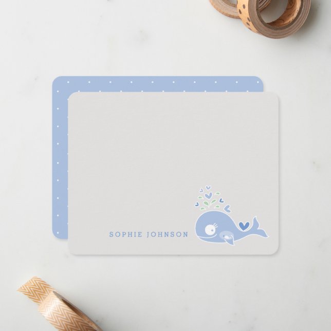 Cute Pregnant Blue Whale Boy Baby Shower Thank You Note Card (Front/Back In Situ)