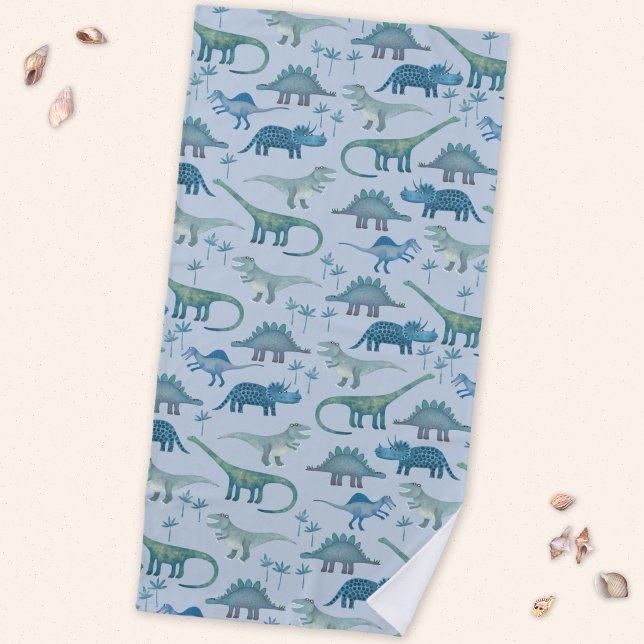 Cute Prehistoric Blue Dinosaur Pattern Beach Towel (Fun prehistoric dinosaur pattern beach towel for paleontologists of all ages)