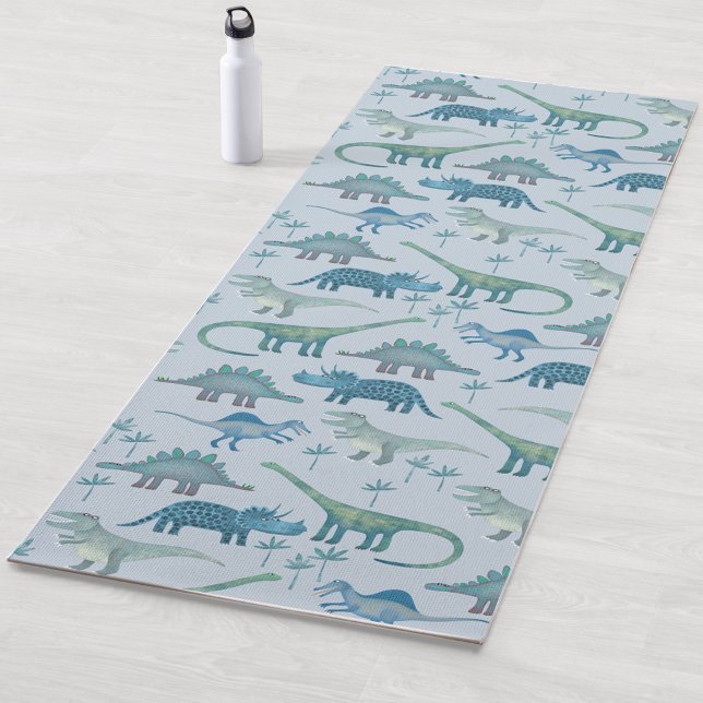 Cute Prehistoric Blue Dinosaur Pattern Yoga Mat (Fun dinosaur pattern blue yoga mat)
