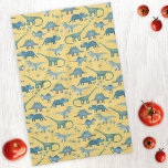 Cute Prehistoric Dinosaur Pattern Yellow Kitchen Towel<br><div class="desc">Lots of blue dinosaurs,  Tyrannosaurus rex,  Spinosaurus,  Stegosaurus,  Diplodocus and Triceratops on a yellow background.</div>