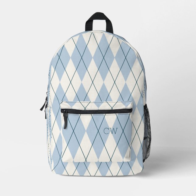 Cute Preppy Blue Argyle Print Monogram Initials Printed Backpack (Front)