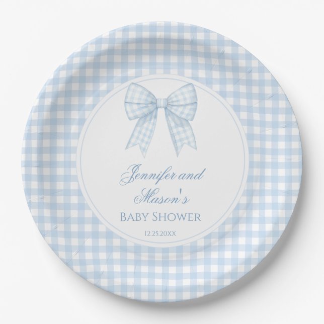 Cute preppy blue bow ribbon baby boy shower paper plate (Front)