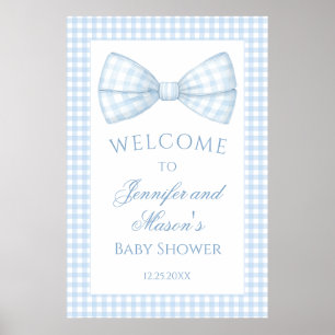 Cute preppy blue gingham bow tie baby boy shower poster