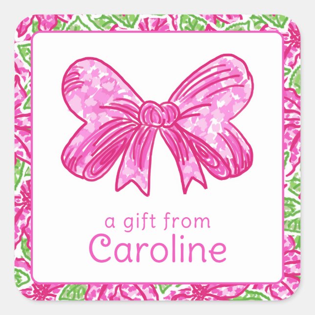 Cute Preppy Christmas Pink & Green Bow Square Sticker (Front)
