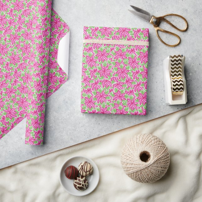 Cute Preppy Christmas Pink & Green Poinsettias Wrapping Paper (Crafts)
