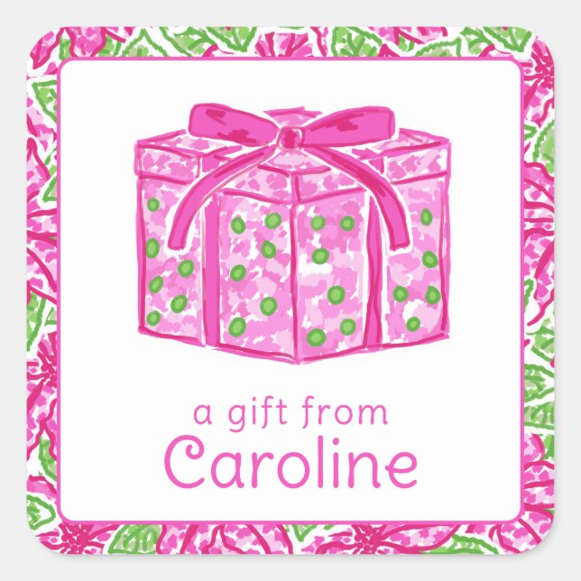 Cute Preppy Christmas Pink & Green Present Square Sticker (Front)