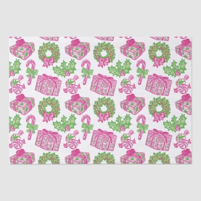 Cute Preppy Christmas Pink & Green Presents & Bows Tissue Paper (Front)