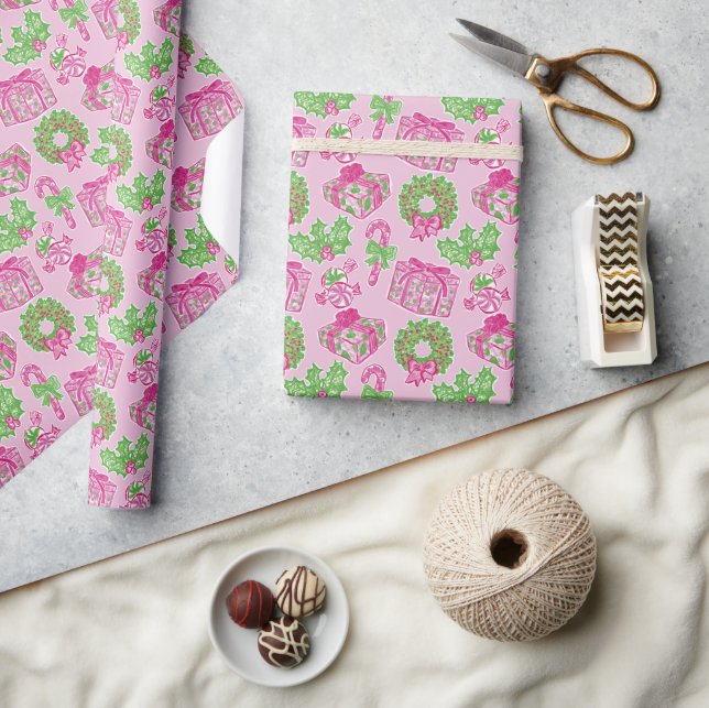 Cute Preppy Christmas Pink & Green Presents & Bows Wrapping Paper (Crafts)