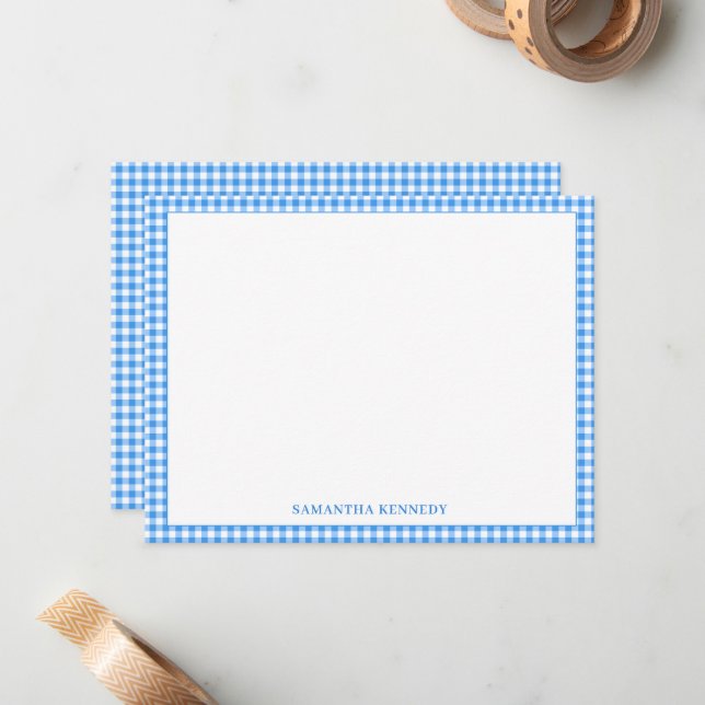 Cute Preppy Light Blue Gingham Border Personalized Card (Front/Back In Situ)