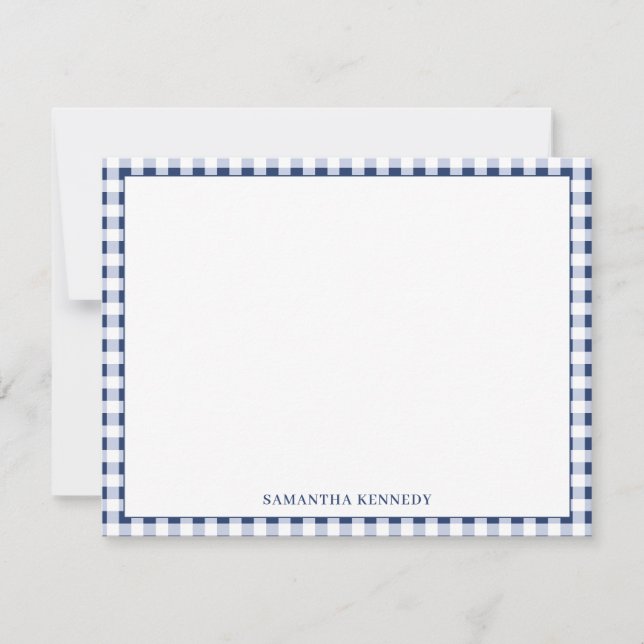 Cute Preppy Navy Blue Gingham Border Personalized Card (Front)