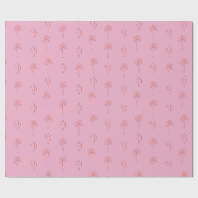 Cute Preppy Palm Trees and Cactus Retro Pink  Wrapping Paper (Flat)