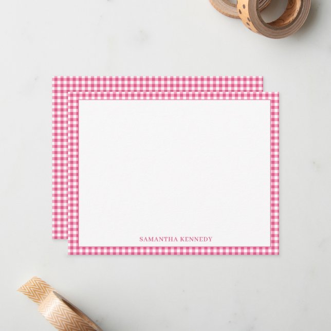 Cute Preppy Pink Gingham Border Personalized  Card (Front/Back In Situ)