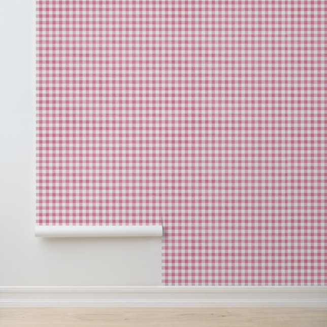 Cute Preppy Pink Small Gingham Plaid Pattern Wallpaper (Application)