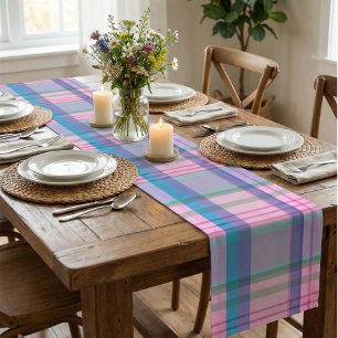 Cute Preppy Retro Plaid Pattern in Pink and Blue Short Table Runner