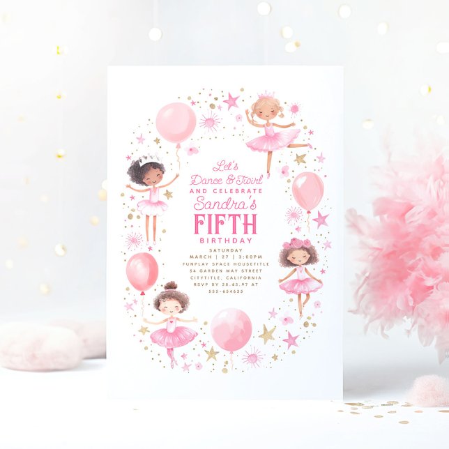 Cute Pretty Ballerinas Ballet Birthday Party Invitation (Little Ballerinas Birthday Party Invitations)