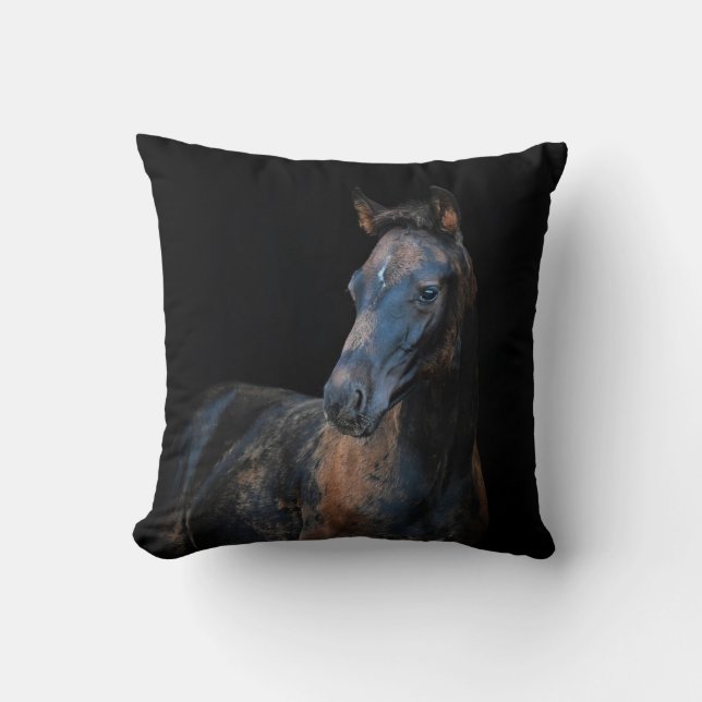 Cute pretty foal horse black background throw pillow (Front)