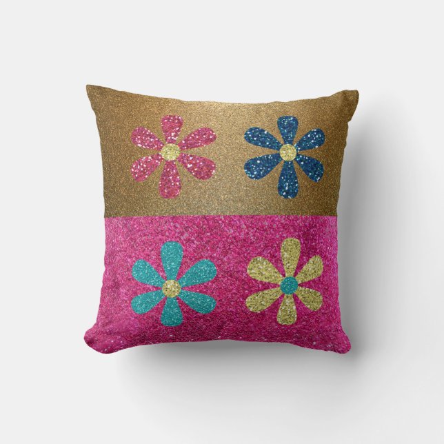 Cute Pretty Gold Pink Glitter Girly Flowers Throw Pillow (Front)