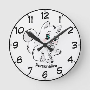 Cute & Pretty Kitten Cartoon Drawing Personalize Round Clock