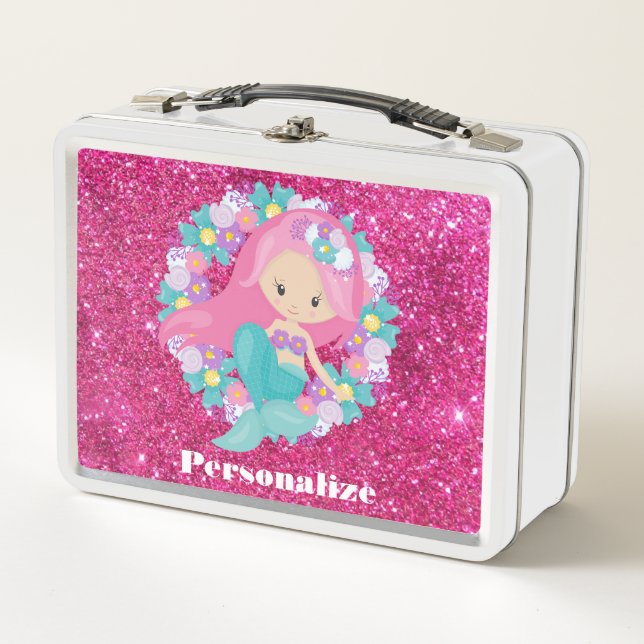 Cute Pretty Mermaid Pink Glitter Personalized Metal Lunch Box (Front)