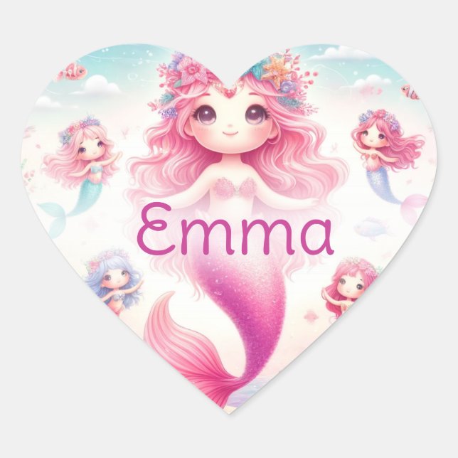 Cute Pretty Pink Mermaids Heart Sticker (Front)