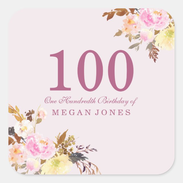 Cute Pretty Pink Peach Flower 100th Birthday Party Square Sticker (Front)