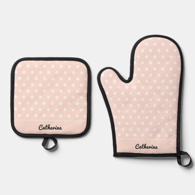 Cute Pretty Retro Polka Dots Pale Peach Custom Oven Mitt & Pot Holder Set (Front)