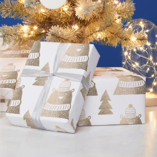 Cute pretty rose gold Christmas tree bear pattern Wrapping Paper