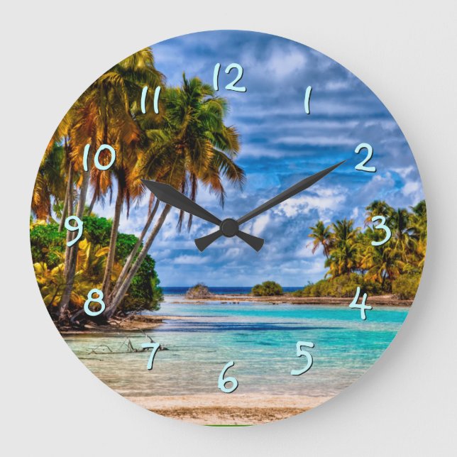 Cute Pretty Summer Hawaiian Beach Watercolor Large Clock (Front)