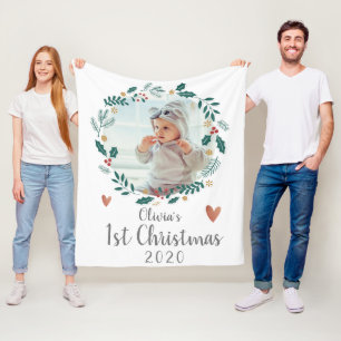 Cute Pretty Wreath Baby First Christmas Photo Fleece Blanket