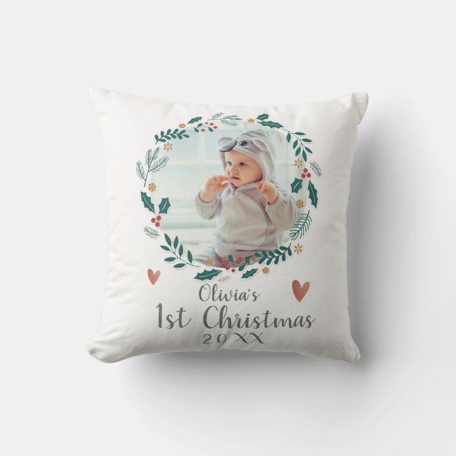 Cute Pretty Wreath Baby First Christmas Photo Throw Pillow (Front)