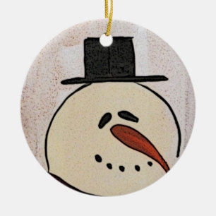 Cute Primitive Art Snowman Ceramic Ornament
