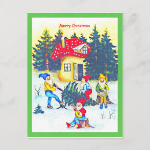 Cute Primitive Tomte, Gnomes or Elves Cutting Tree Postcard