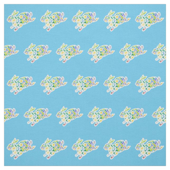 Cute Primroses Floral Bunnies Pattern on Blue Fabric (Swatch)
