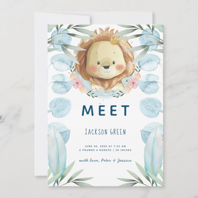 Cute Prince Lion Illustration Photo Collage Birth Announcement (Front)